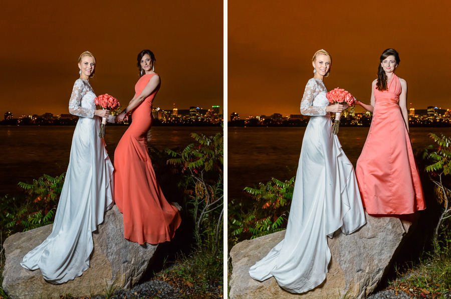 Gorgeous bride, evening shoot from the Jean-Drapeau island, with the Montreal Down-Town as a background. Montreal, Quebec